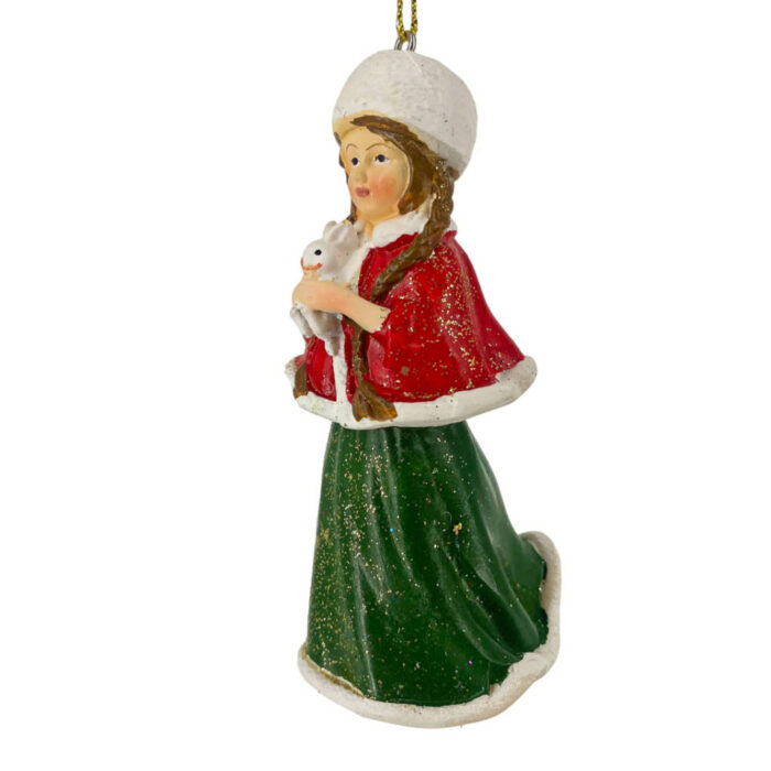 Χριστουγεννιάτικo Στολίδι Κεραμικό Κορίτσι Κόκκινα Πράσινα Ρούχα Λαγουδάκι 10.5εκ