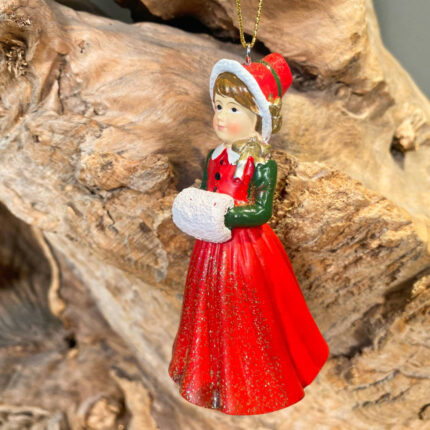 Χριστουγεννιάτικo Στολίδι Κεραμικό Κορίτσι Κόκκινο Φόρεμα Γκλίτερ 10.5εκ