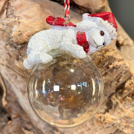 Χριστουγεννιάτικο Στολίδι Κεραμικό Σκυλάκι Λευκό Γυάλινη Διάφανη Μπάλα 7*9εκ