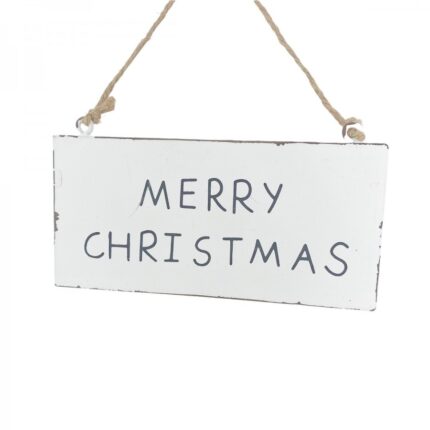 Χριστουγεννιάτικο Στολίδι Μεταλλική Λευκή Πινακιδούλα "Merry Christmas" 12*6εκ
