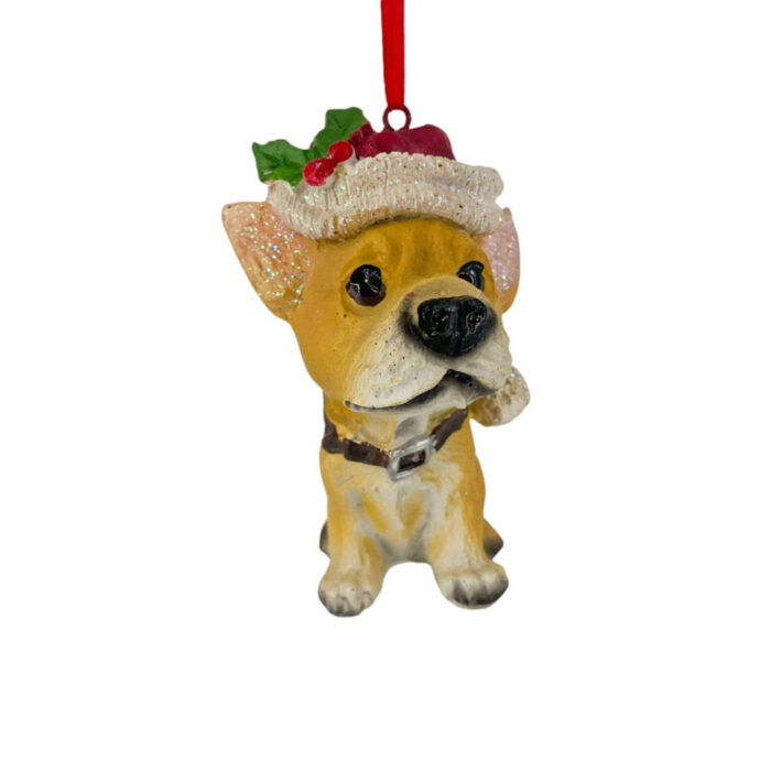 Χριστουγεννιάτικo Στολίδι Σκυλάκι Κεραμικό Κίτρινο Με Κόκκινο Σκούφο 10*7.5εκ