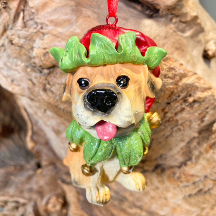 Χριστουγεννιάτικo Στολίδι Σκυλάκι Κίτρινο Κεραμικό Καπέλο Ξωτικού 9*5.5εκ