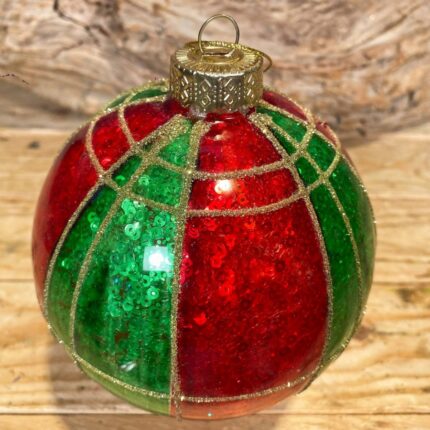 Χριστουγεννιάτικη Μπάλα Γυάλινη Κόκκινες Πράσινες Ρίγες Χρυσό Γκλίτερ 12εκ