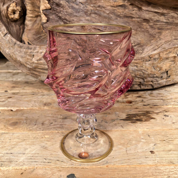 Ποτήρι Γάμου Χειροποίητο Κρασιού Γυάλινο Ροζ Χρυσή Ρίγα