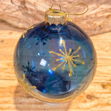 Χριστουγεννιάτικη Μπάλα Μπλε Γυάλινη Χρυσές Χιονονιφάδες Γκλίτερ 10εκ