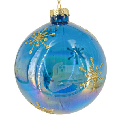 Χριστουγεννιάτικη Μπάλα Μπλε Γυάλινη Χρυσές Χιονονιφάδες Γκλίτερ 10εκ