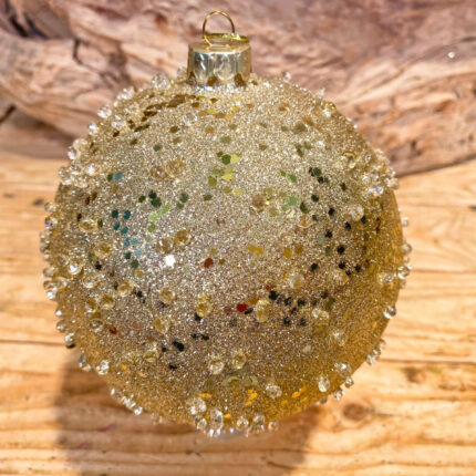 Χριστουγεννιάτικη Μπάλα Χρυσή Κρυσταλλάκια Πούλιες Γυάλινη 12εκ