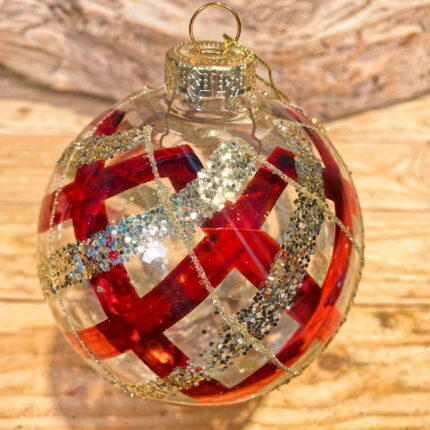 Χριστουγεννιάτικη Μπάλα Διάφανη Χρυσές Κόκκινες Ρίγες Γυάλινη Γκλίτερ 10εκ