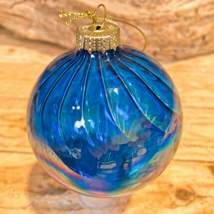 Χριστουγεννιάτικη Μπάλα Γυάλινη Μπλε Ιριδίζον Ρίγες 10εκ
