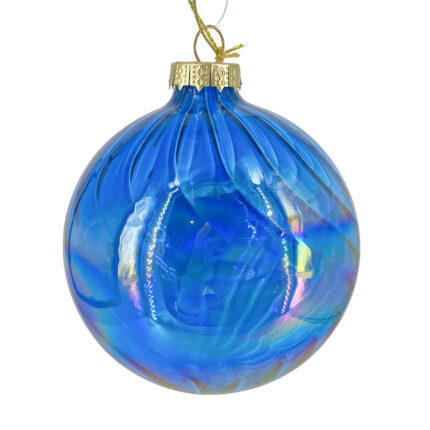 Χριστουγεννιάτικη Μπάλα Γυάλινη Μπλε Ιριδίζον Ρίγες 10εκ
