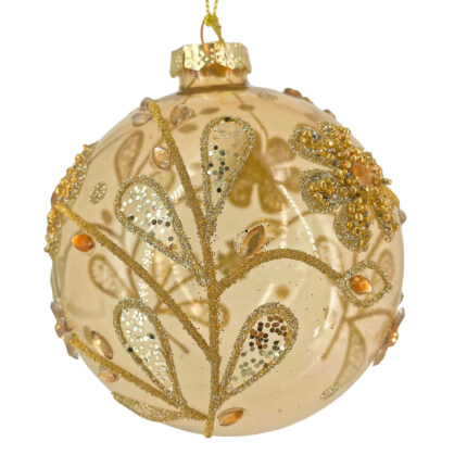 Χριστουγεννιάτικη Μπάλα Γυάλινη Χρυσή Σχέδιο Λουλούδια Πέρλες 10εκ