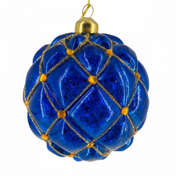 Χριστουγεννιάτικη Γυάλινη Μπάλα Μπλε Χρυσοί Ρόμβοι Γκλίτερ Στρας 10εκ