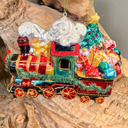 Χριστουγεννιάτικο Στολίδι Πολύχρωμο Τρένο Γυάλινο Με Δώρα 11εκ