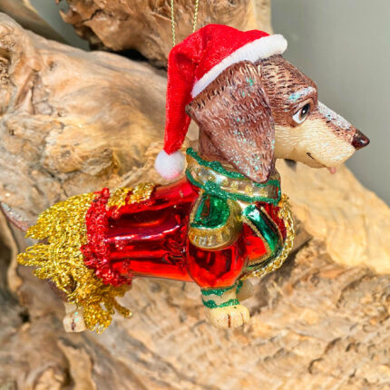 Χριστουγεννιάτικο Στολίδι Σκυλάκι Γυάλινο Κόκκινα Ρούχα 12.5εκ
