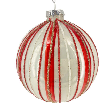Χριστουγεννιάτικη Μπάλα Κόκκινη Λευκή Κάθετες Ρίγες Γυάλινη 10εκ