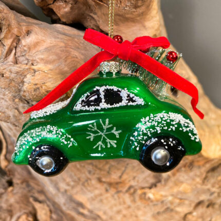Χριστουγεννιάτικο Στολίδι Αυτοκίνητο Πράσινο Γυάλινο Δεντράκι 8εκ