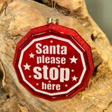 Χριστουγεννιάτικο Στολίδι Πινακίδα Κόκκινη Γυάλινη "Santa Stop Here" 10εκ