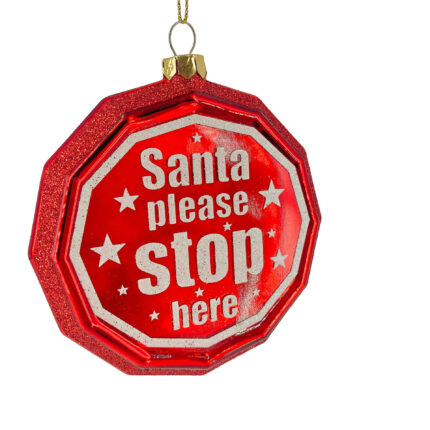 Χριστουγεννιάτικο Στολίδι Πινακίδα Κόκκινη Γυάλινη "Santa Stop Here" 10εκ