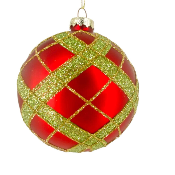 Χριστουγεννιάτικη Μπάλα Κόκκινη Ζικ Ζακ Πράσινο Γκλίτερ 10εκ