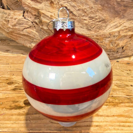 Χριστουγεννιάτικη Μπάλα Λευκή Κόκκινες Ρίγες Γυάλινη 10εκ