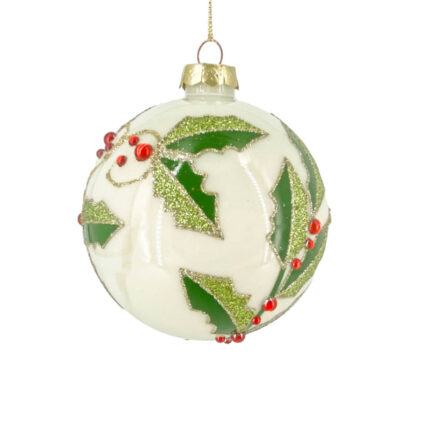 Χριστουγεννιάτικη Μπάλα Λευκή Πράσινο Γκι Γυάλινη 10εκ