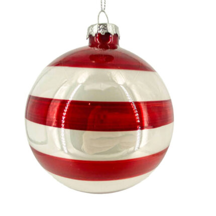 Χριστουγεννιάτικη Μπάλα Λευκή Ρίγες Κόκκινες Γυάλινη 12εκ