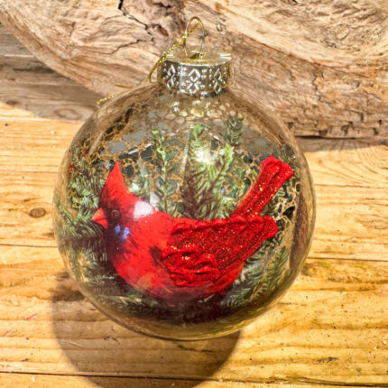 Χριστουγεννιάτικη Μπάλα Γυάλινη Πουλάκι Κόκκινο Πράσινα Φύλλα 10εκ