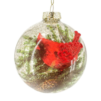 Χριστουγεννιάτικη Μπάλα Γυάλινη Πουλάκι Κόκκινο Πράσινα Φύλλα 10εκ