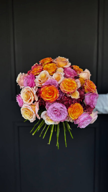 Ανθοδέσμη Ροζ & Πορτοκαλί Τριαντάφυλλα Ορτανσίες