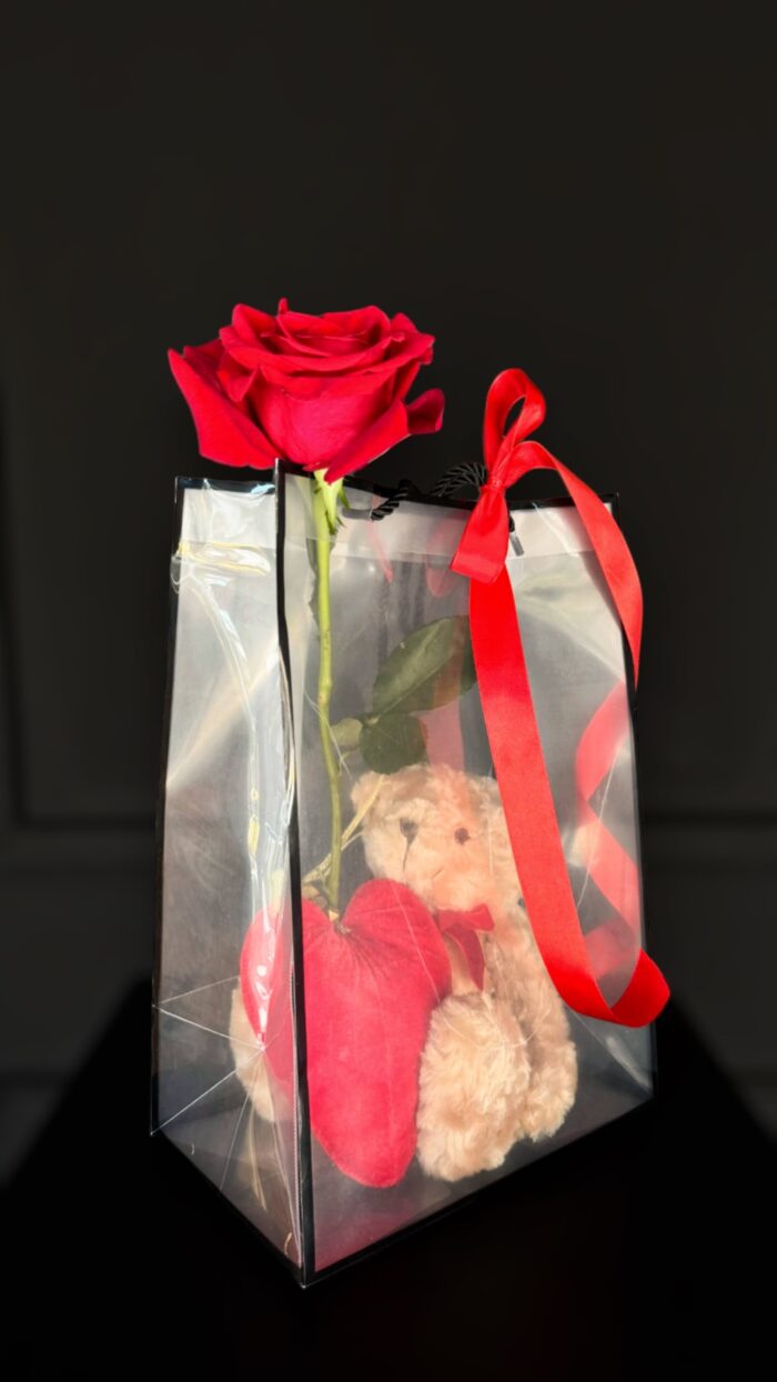 Αρκουδάκι Καφέ Σε Τσάντα Διάφανη Με Καρδιά & Τριαντάφυλλο