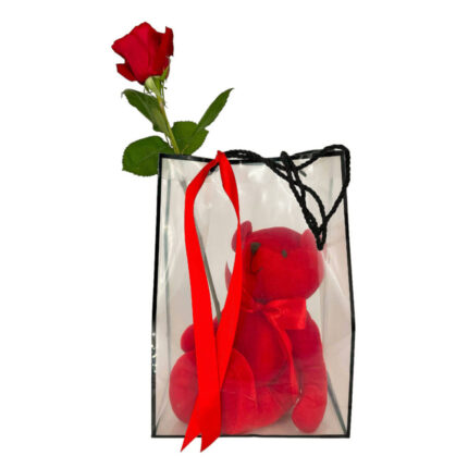 Αρκουδάκι Κόκκινο Σε Διάφανη Σακούλα Με Τριαντάφυλλο
