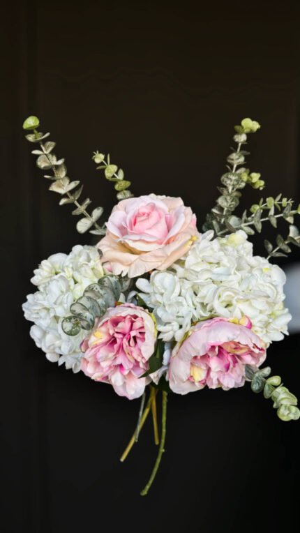 Μπουκέτο Με Λευκή Ορτανσία & Ροζ Παιώνιες & Τριαντάφυλλα Τεχνητά