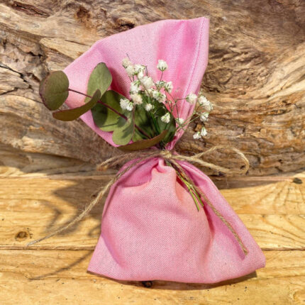 Μπομπονιέρα Γάμου Ροζ Πουγκί Με Ευκάλυπτο & Γυψοφύλλη