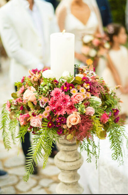 Λαμπάδες Γάμου Πέτρινα Κηροπήγια με Μπορντό & Σομόν Λουλούδια