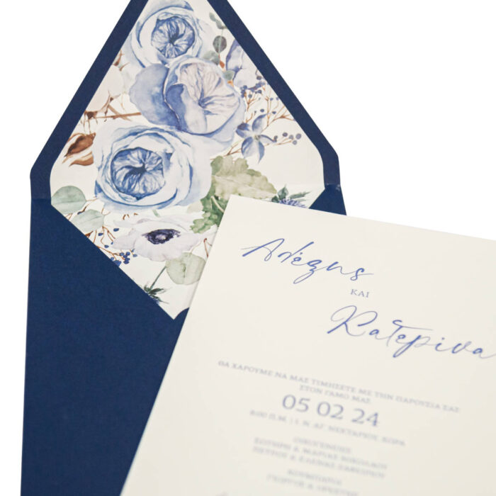 Προσκλητήριο Γάμου Μπλε Τριαντάφυλλα Λευκή Πρόσκληση