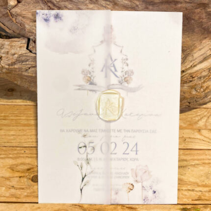 Προσκλητήριο Γάμου Με Μπλε Νερά & Λουλούδια Φάκελο Ριζόχαρτο