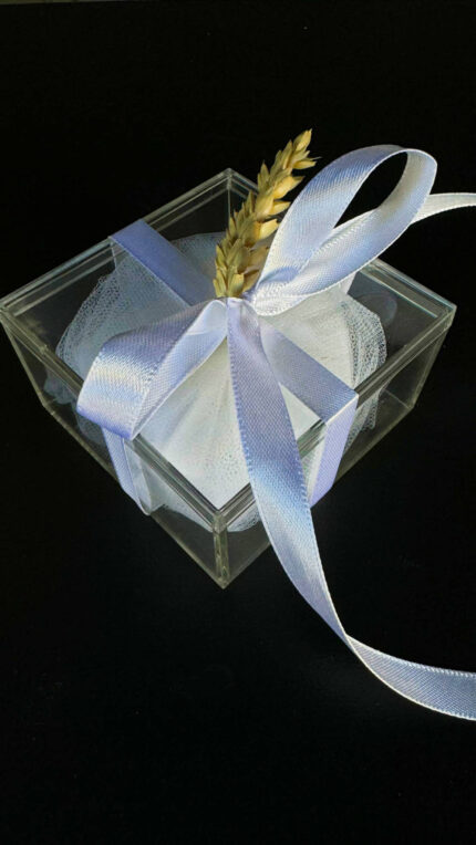 Μπομπονιέρα Γάμου Κουτί Ακρυλικό Διάφανο Με Στάχυ & Λευκή Κορδέλα