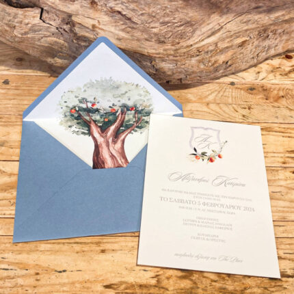 Προσκλητήριο Γάμου Τύπωμα Δέντρο Με Μπλε Φάκελο & Λευκή Πρόσκληση