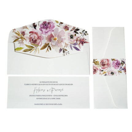 Προσκλητήριο Γάμου Μακρόστενο Ροζ Λουλούδια Λευκός Φάκελος Τρέσα