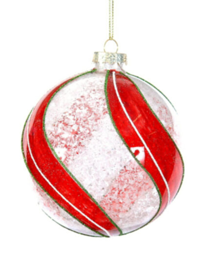 Χριστουγεννιάτικη Μπάλα Παγωμένη Κόκκινες Ρίγες Γκλίτερ 10εκ