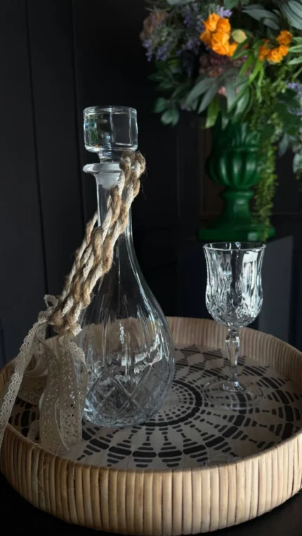 Boho Σετ Γάμου Κρυστάλλινη Καράφα & Ποτήρι Κρασιού Δίσκο & Στέφανα