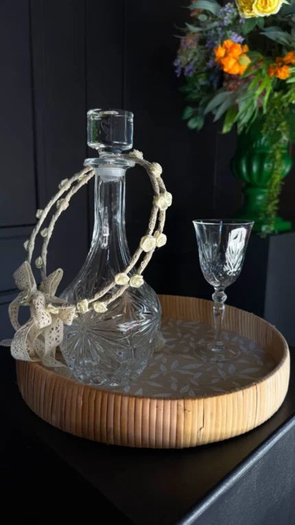 Boho Σετ Γάμου Σκαλισμένη Καράφα & Ποτήρι Κρασιού Κρυστάλλινα Δίσκο & Στέφανα